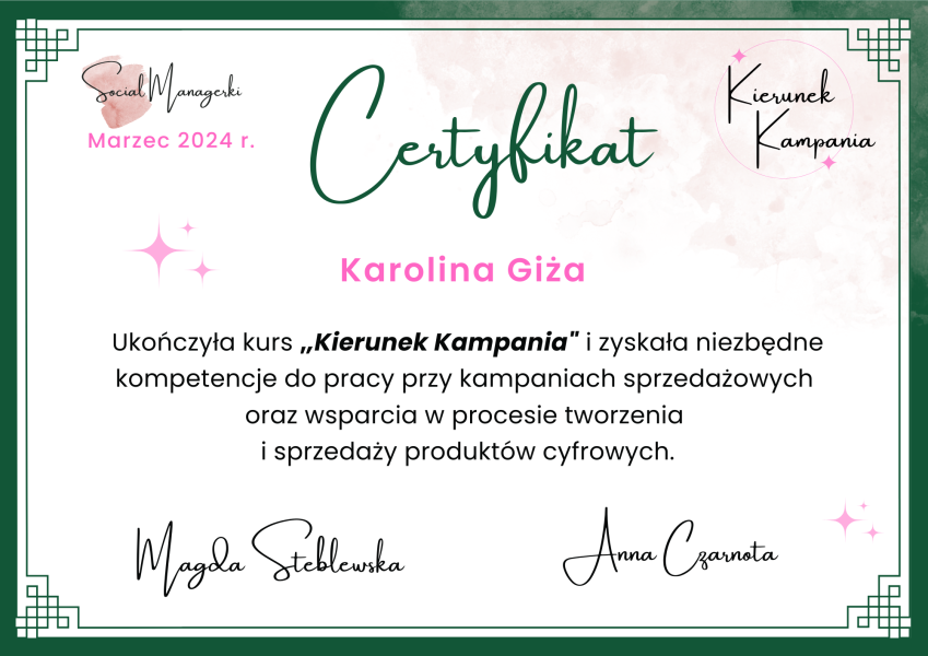 certyfikat kurs kierunek kampania karolina giża