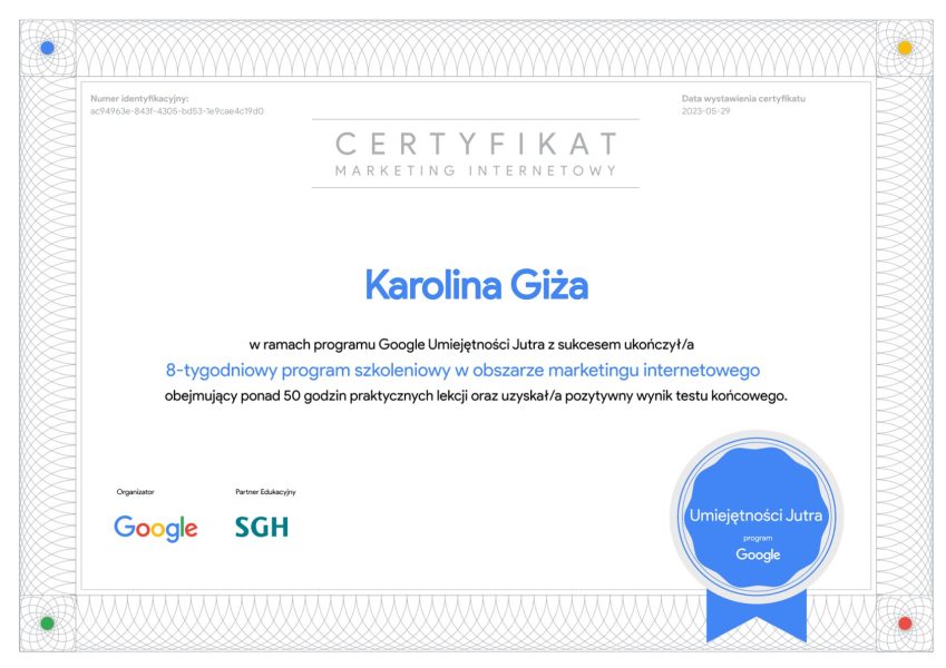 certyfikat program umiejętności jutra karolina giża