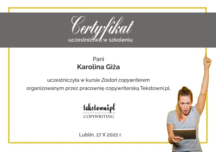 certyfikat kurs zostań copywriterem karolina giża